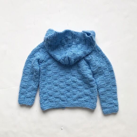 Hand knit blue hooded open front sweater 18-24m - Picture 4 of 4